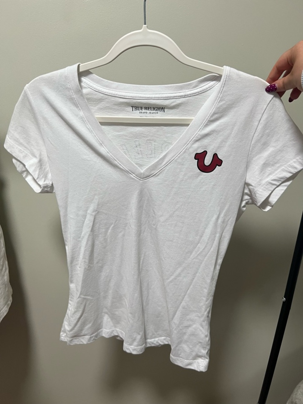 True Religion White V-Neck Tee with Maroon Horseshoe Logo